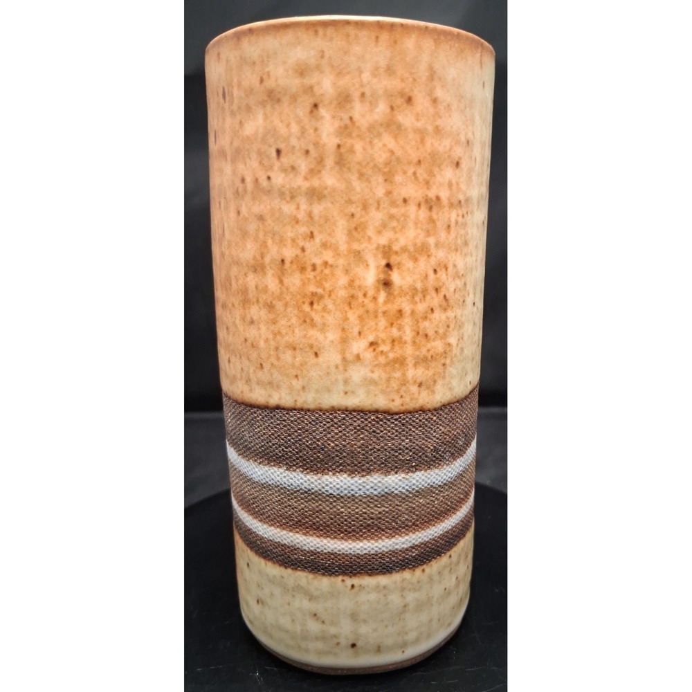 Signed Vintage Studio Pottery Stoneware Vase with Striped Band 5 3/4" tall